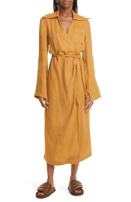 Nanushka Farah Back Long Sleeve Open Linen Wrap Shirtdress in Camel