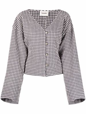 Nanushka gingham seersucker open-neck blouse - Blue