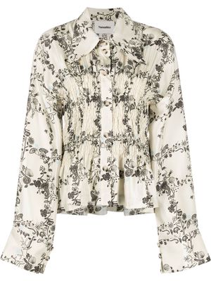 Nanushka shirred floral silk shirt - Neutrals