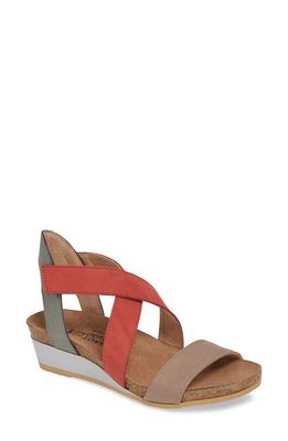 Naot Vixen Wedge Sandal in Stone/Brick Red Leather