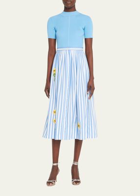 Nasturtium-Embroidered Stripe Midi Skirt