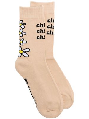 Natasha Zinko slogan floral-knit socks - Brown
