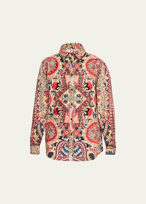 Nathalia Printed Button-Front Shirt with Embroidered Detail