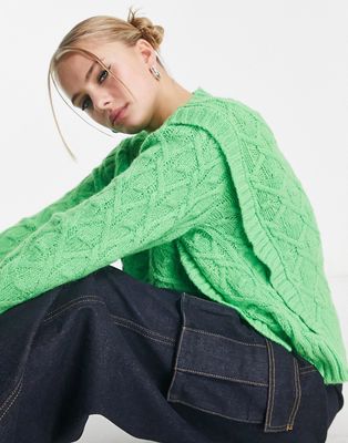 Native Youth cable knit sweater with shoulder detail in apple green
