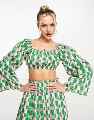 Native Youth cotton geo print bell sleeve bralette top in green - part of a set