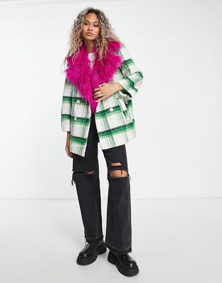 Native Youth double breasted coat with contrast collar in check-Green
