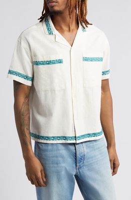 Native Youth Embroidered Short Sleeve Cotton & Linen Button-Up Shirt in Off White