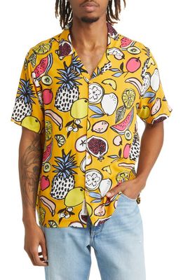 Native Youth Fruit Print Short Sleeve Button-Up Shirt in Orange