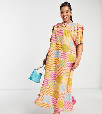 Native Youth maxi dress with pleated collar in textured checkerboard-Multi