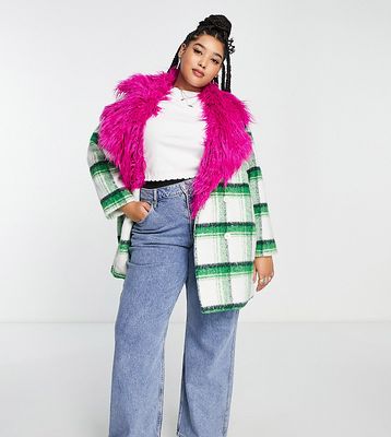 Native Youth Plus double breasted coat with contrast collar in check-Green