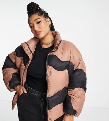 Native Youth Plus padded jacket with squiggle quilting in brown