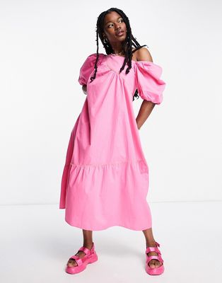 Native Youth poplin maxi smock dress with contrast binding-Pink