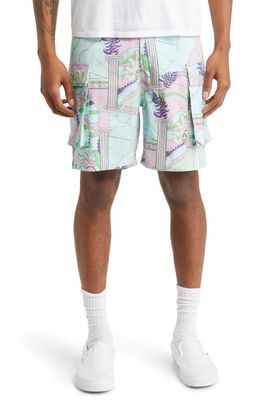 Native Youth Print Cotton Cargo Shorts in Purple