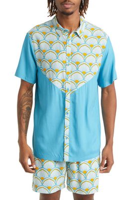 Native Youth Print Short Sleeve Button-Up Shirt in Blue
