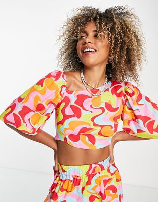 Native Youth puff asymetric sleeve crop top in abstract retro fruit print - part of a set-Pink
