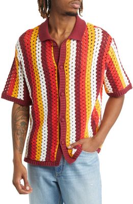 Native Youth Stripe Crochet Short Sleeve Cotton Cardigan in Red