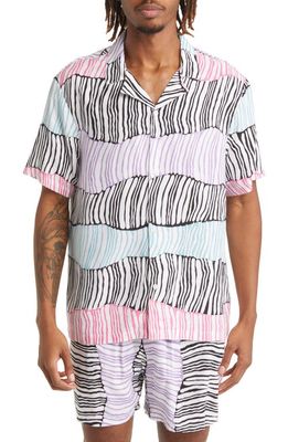 Native Youth Stripe Short Sleeve Button-Up Camp Shirt in Black