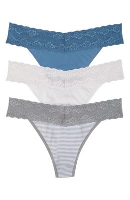 Natori Bliss 3-Pack Perfection Lace Trim Thongs in Blue/White/Grey