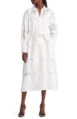 Natori Caldo Floral Embroidered Tie Waist Long Sleeve Shirtdress in White