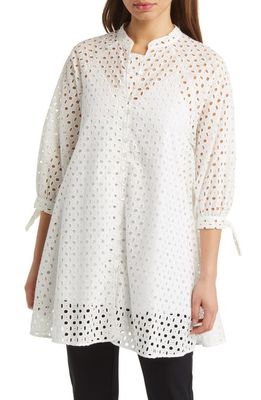 Natori Embroidered Eyelet Cotton Button-Up Tunic Shirt in White