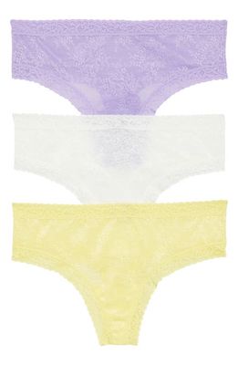Natori Escape 3-Pack Lace Thongs in Lemon/White/Violet