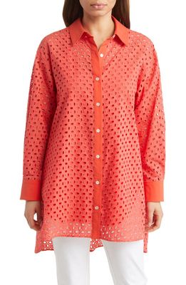 Natori Eyelet High-Low Tunic Blouse in Sunkissed Coral