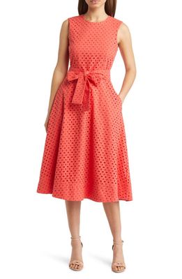 Natori Eyelet Sleeveless Cotton Fit & Flare Dress in Sunkissed Coral