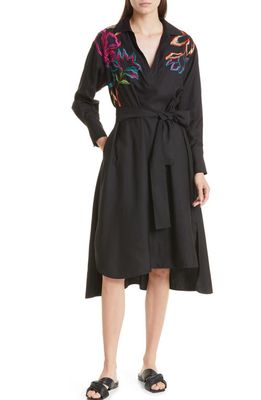 Natori Floral Embroidered Long Sleeve High-Low Dress in Black