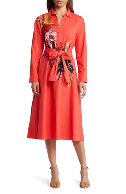 Natori Floral Embroidered Stretch Cotton Poplin Long Sleeve Shirtdress in Sunkissed Coral
