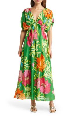 Natori Floral Silk Maxi Dress in Palm Multi