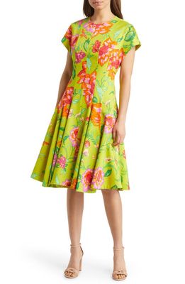 Natori Junko Floral Chino A-Line Dress in Chartreuse Multi