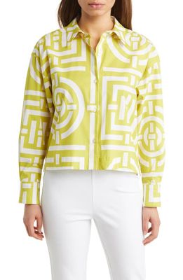 Natori Long Sleeve Stretch Cotton Button-Up Shirt in Chartreuse /White