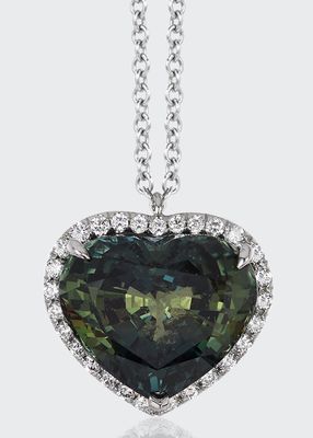 Natural Green Sapphire Heart and Diamonds Pendant Necklace