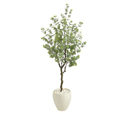 Nearly Natural 63" Eucalyptus Faux Tree in Whit e Planter