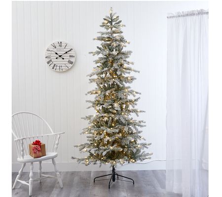 Nearly Natural 7.5' Slim Flocked Spruce Faux Christmas Tree