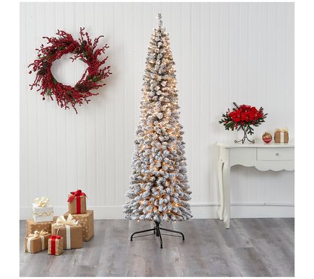 Nearly Natural 7' Flocked Pencil Faux Christmas Tree w/ Lights