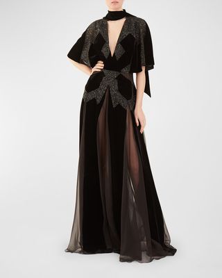 Neck-Scarf Chiffon-Godet Paillette Velvet Gown
