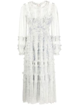 Needle & Thread embroidered flared midi dress - White