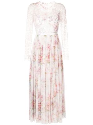 Needle & Thread floral-embroidered flared dress - White