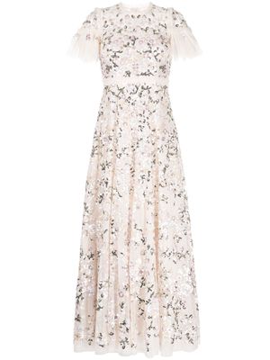 Needle & Thread floral-embroidered short-sleeve gown - Neutrals