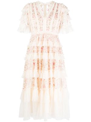 Needle & Thread floral-embroidery tiered midi dress - Pink