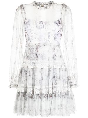 Needle & Thread floral print sheer-panel dress - White