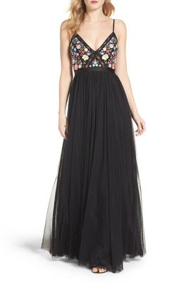Needle & Thread Flower Foliage Tulle Gown in Black