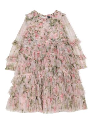 NEEDLE & THREAD KIDS English Rose-print ruffled flared dress - Pink
