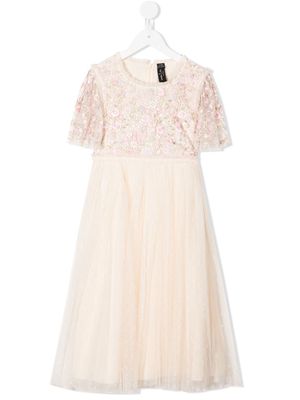 NEEDLE & THREAD KIDS floral-embroidered short-sleeved dress - Neutrals