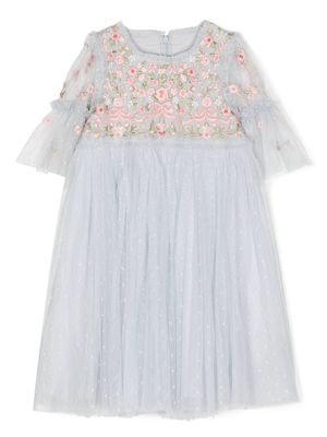 NEEDLE & THREAD KIDS floral-embroidery ruffled dress - Blue