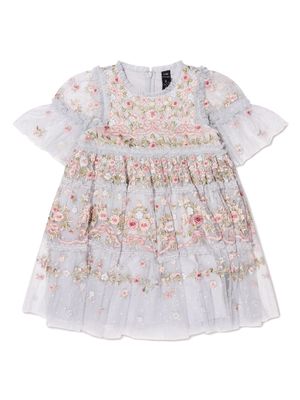NEEDLE & THREAD KIDS floral-embroidery tiered dress - Blue