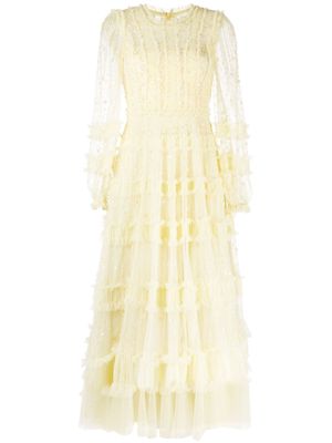 Needle & Thread long-sleeve lace-panel dress - Yellow