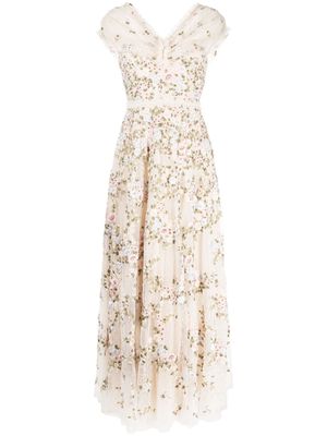Needle & Thread Lunaria floral-embroidered gown - White