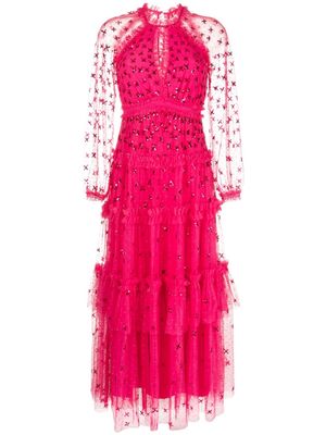 Needle & Thread sequin-embellished sheer-sleeves gown - Pink